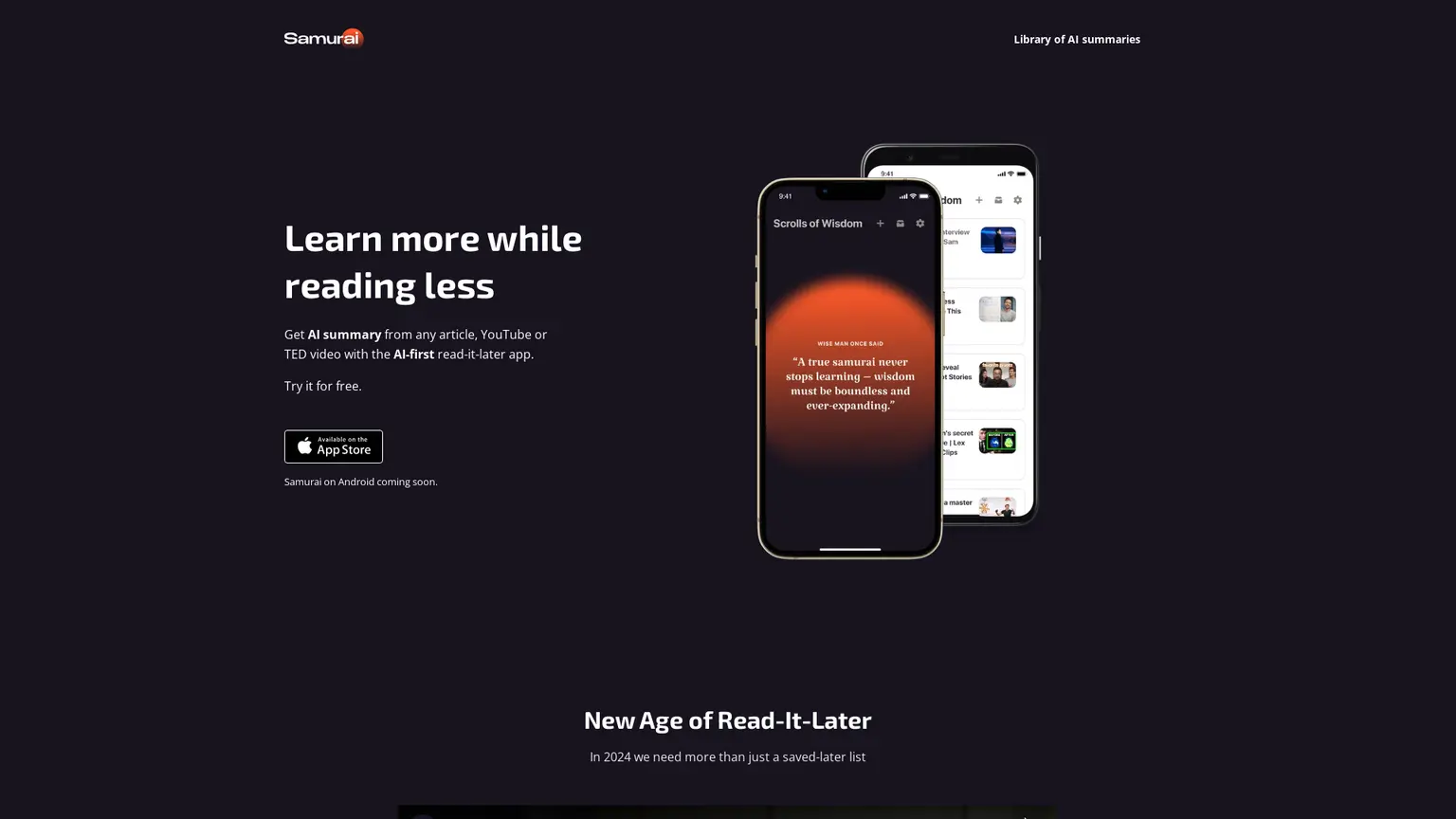 Samurai AI - read-it-later app with AI summary | iOS, Android